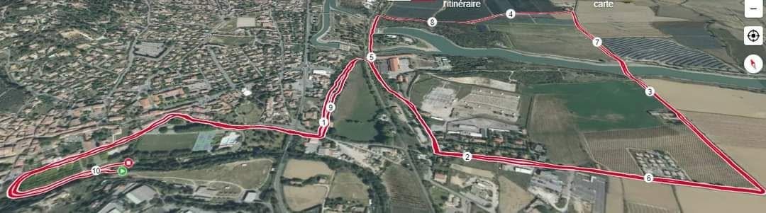 Tracé du 10 km de la Foulée Tullésaine, avec les 10 points kilométriques, départ et arrivée au parc Max Trouche à Sainte-Tulle